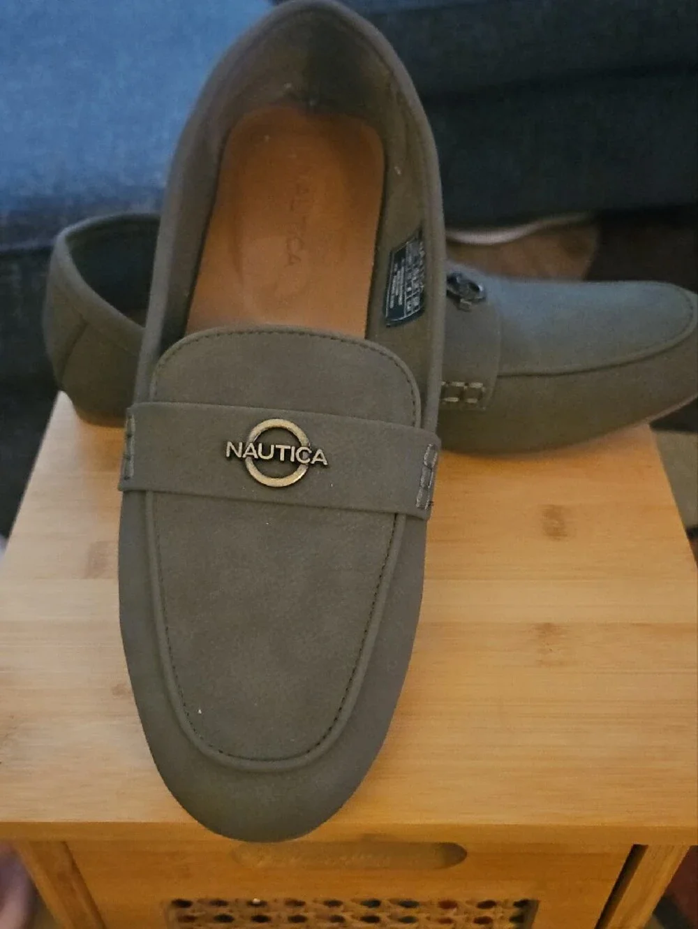 Nautica Women’s Gray Suede Slip-On Loafers with Gold Logo Accent